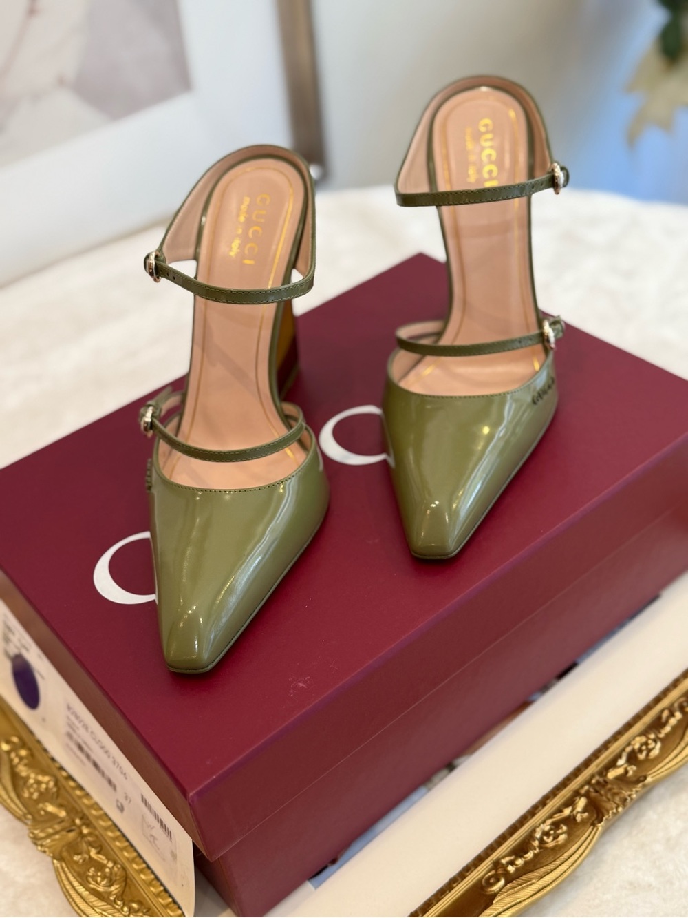 Gucci Olive Patent Leather Double-Strap Wedge Pumps - Picture 3 of 13